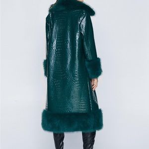 Faux Vinyl Croc Coat With Faux Fur Trim